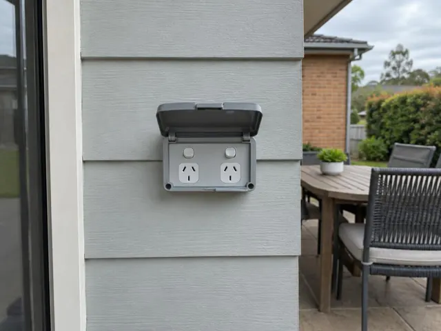 Outdoor double power point on grey cladded exterior wall beside a patio setting in Castle Hill