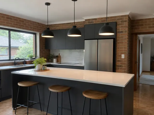 Kitchen with three black pendant lights above a white island and dark cabinets in Castle Hill
