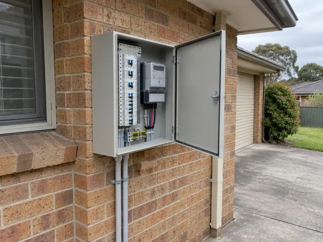Exterior switchboard cabinet on a brick wall beside a window in Glenhaven